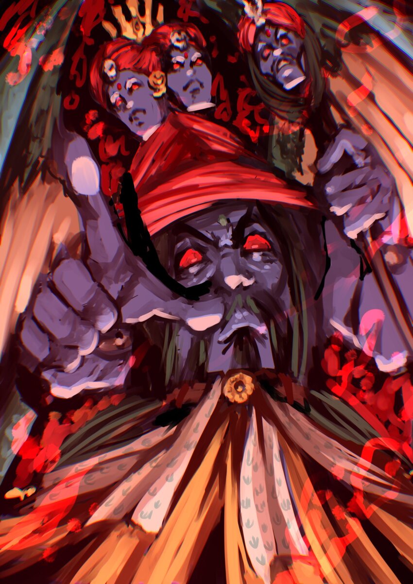 1boy arabian_clothes azrael_(megami_tensei) bald beard blue_skin bukibukibuk colored_skin devil_summoner_(game) devil_summoner_(series) facial_hair highres holding holding_staff long_hair multiple_faces multiple_heads multiple_wings mustache no_eyebrows pointing red_background red_eyes red_turban shin_megami_tensei solo staff thick_eyebrows turban wings