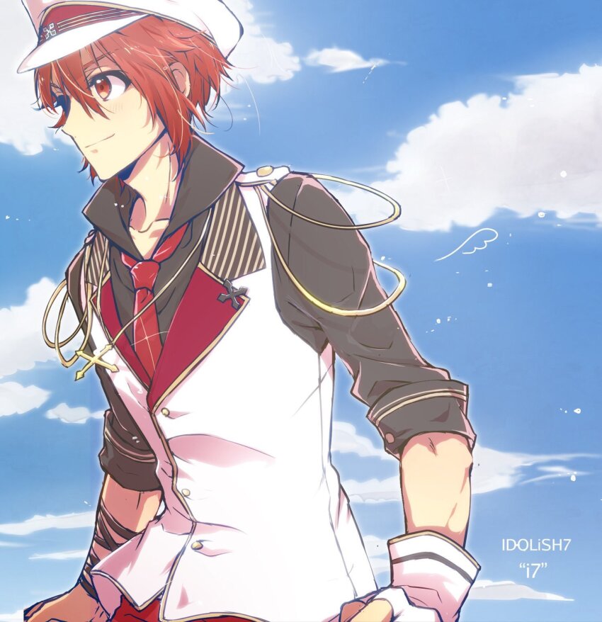1boy black_shirt blue_sky bracelet buttons closed_mouth cloud collarbone collared_vest commentary_request copyright_name cowboy_shot cross_pin day fingerless_gloves gloves hair_between_eyes happy hat highres idol idolish7 jewelry lapel_pin lapels light_blush light_particles long_sleeves looking_ahead multiple_bracelets nanase_riku nau_(rg_sn79) necktie notched_lapels outdoors outline peaked_cap pointy_nose red_eyes red_hair red_necktie shirt short_hair single_fingerless_glove sky sleeve_cuffs smile solo standing three-quarter_sleeves vest white_gloves white_hat white_outline white_vest