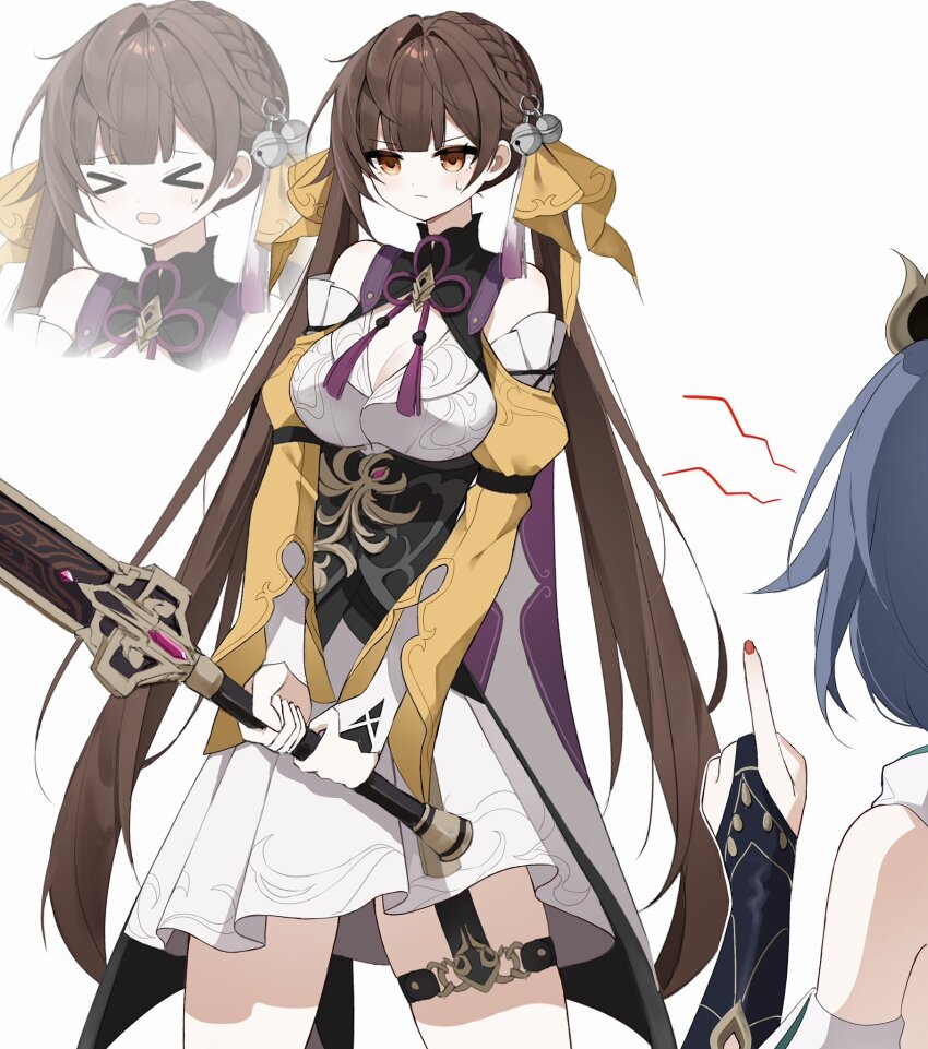 &gt;_&lt; 2girls :o bare_shoulders bell braid bridal_gauntlets brown_eyes brown_hair chinese_clothes closed_mouth clothing_cutout commentary_request dress grey_hair hair_bell hair_ornament hair_ribbon highres holding holding_sword holding_weapon honkai:_star_rail honkai_(series) jingle_bell long_hair long_sleeves multiple_girls nail_polish nirako_mona pointing pointing_up red_nails ribbon shoulder_cutout simple_background sushang_(honkai:_star_rail) sword thigh_strap twintails very_long_hair weapon white_background white_dress yellow_ribbon yunli_(honkai:_star_rail)