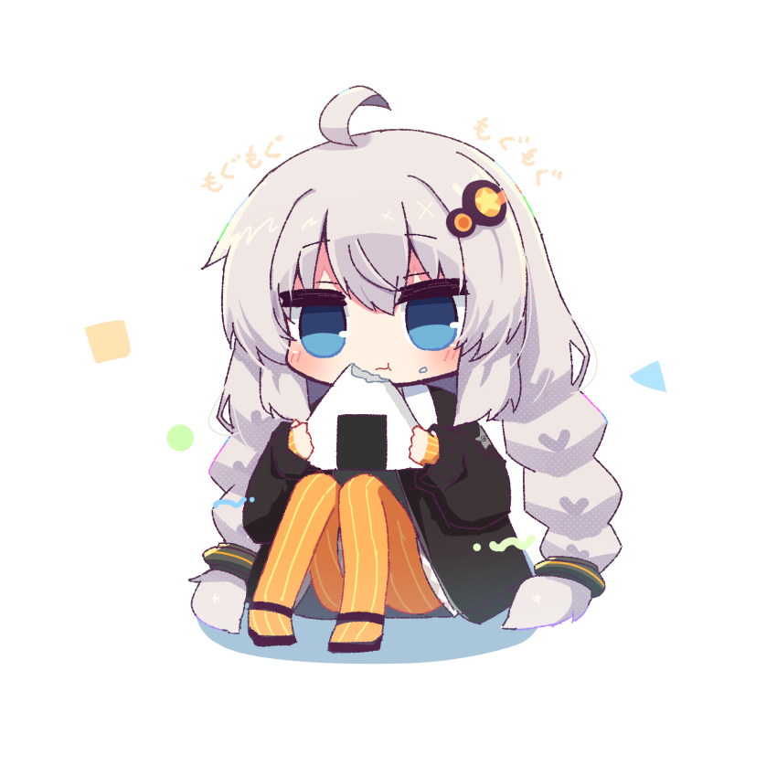 1girl ahoge black_coat blue_eyes blush braid closed_mouth coat commentary crumbs dated_commentary eating food full_body grey_hair hair_ornament hibino_000 highres holding holding_food kizuna_akari long_hair long_sleeves mg_mg onigiri open_clothes open_coat orange_pantyhose pantyhose simple_background sitting solo striped_clothes striped_pantyhose twin_braids vocaloid voiceroid white_background