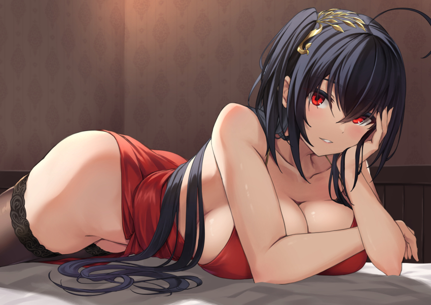 1girl ahoge azur_lane bare_shoulders black_hair black_thighhighs breasts cleavage cocktail_dress collarbone crossed_bangs dress hair_between_eyes hair_ornament head_hold highres indoors large_breasts long_hair looking_at_viewer lying no_panties official_alternate_costume on_stomach parted_lips rebutsu red_dress red_eyes sex shiny_skin smile solo taihou_(azur_lane) taihou_(forbidden_fruit)_(azur_lane) thighhighs thighs very_long_hair