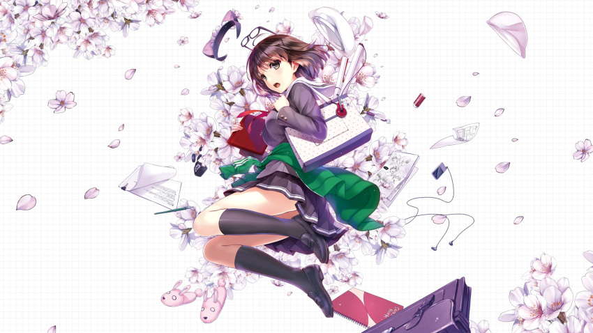 1girl animal_ears bag bag_charm beret binder_clip black_socks blush bottle brown_eyes brown_hair cat_ears cellphone charm_(object) digital_media_player electric_guitar eraser fake_animal_ears female_focus flip-flops flower fujimi_shobo gibson_les_paul glasses guitar hairband hat highres ink inkwell instrument jpeg_artifacts katou_megumi kneehighs loafers long_legs looking_at_viewer manuscript_paper mechanical_pencil misaki_kurehito nib_pen_(object) notebook official_art paper pen pencil petals phone ribbon saenai_heroine_no_sodatekata sandals school_bag school_uniform shoes short_hair sketchbook skirt smartphone socks solo unworn_hat unworn_headwear