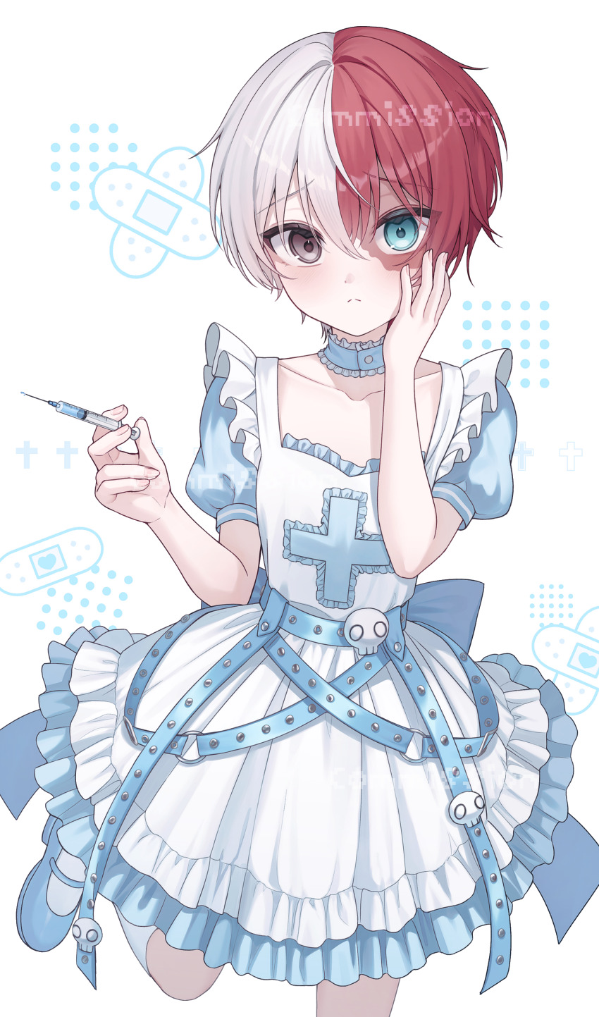 1boy absurdres apron blue_eyes boku_no_hero_academia burn_scar commentary commission crossdressing crossdressing_(mtf) dress grey_dress heterochromia highres holding holding_syringe looking_at_viewer maid male_focus multicolored_hair red_hair sarin_(seoling) scar scar_on_face short_hair split-color_hair syringe todoroki_shoto two-tone_hair white_apron white_hair
