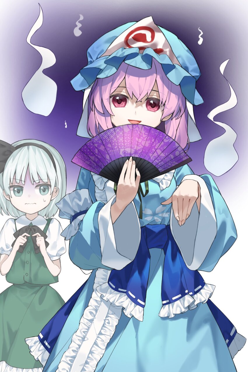 2girls beckoning black_bow black_bowtie black_hairband blue_hat blue_kimono bow bowtie breasts closed_mouth collared_shirt commentary_request folding_fan frilled_shirt_collar frills green_skirt grey_hair hairband hand_fan hat highres hitodama holding holding_fan japanese_clothes keiki8296 kimono konpaku_youmu long_hair long_sleeves looking_at_viewer mob_cap multiple_girls open_mouth petal_print pink_eyes pink_hair print_kimono puffy_short_sleeves puffy_sleeves saigyouji_yuyuko shirt short_sleeves skirt skirt_set sleeve_garter smile sweatdrop touhou triangular_headpiece vest white_shirt wide_sleeves