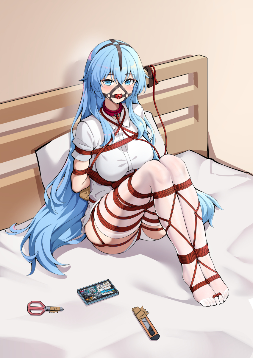 1girl absurdres alter_x aqua_eyes aqua_hair arms_behind_back ball_gag bdsm bed blush bondage bound bound_ankles bound_arms bound_legs bound_toes boxcutter breasts collar crotch_rope drooling female_focus gag gag_harness gagged highres indoors large_breasts leash long_hair looking_at_viewer neglect_play no_pants no_shoes on_bed open_mouth original panties phone saliva scissors shibari shibari_over_clothes sitting skindentation solo tape taped_hands taped_scissors taped_utility_knife thighhighs underwear white_thighhighs wiffle_gag