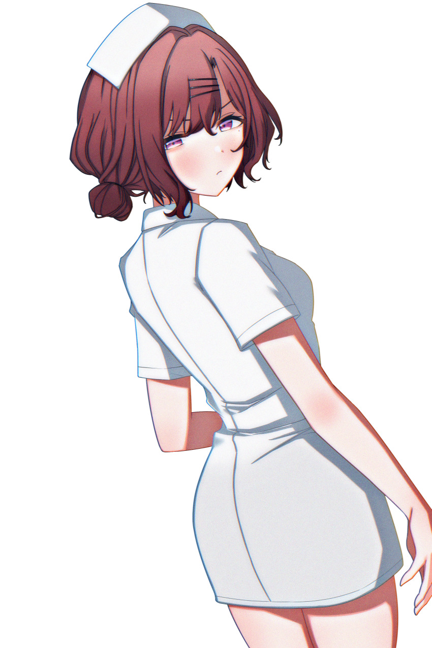 1girl absurdres bare_arms blush brown_hair collared_dress commentary_request dress dutch_angle elbow_blush from_behind hair_bun hair_ornament hairclip hat highres higuchi_madoka idolmaster idolmaster_shiny_colors looking_at_viewer nurse nurse_cap pout purple_eyes saohahu short_dress short_sleeves simple_background single_hair_bun solo white_background white_dress