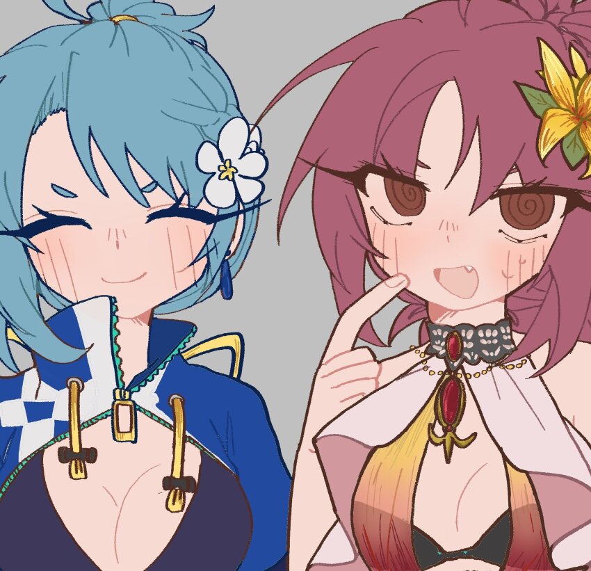 2girls @_@ ^_^ bikini bikini_under_clothes black_bikini blue_hair breasts cleavage closed_eyes fang flower hair_flower hair_ornament highres index_finger_raised looking_at_viewer magia_record:_mahou_shoujo_madoka_magica_gaiden mahou_shoujo_madoka_magica miki_sayaka miki_sayaka_(surfer_ver.) multiple_girls official_alternate_costume open_mouth orange_flower rabbit11201206 red_hair sakura_kyoko sakura_kyoko_(swimsuit_ver.) smile swimsuit upper_body white_flower