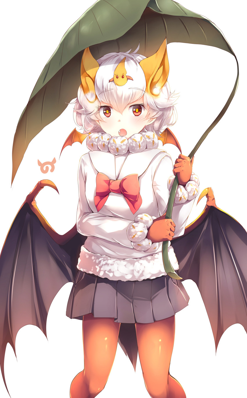 1girl :o absurdres animal_ears bat_ears bat_wings blush bow bowtie brown_pantyhose commentary_request fang female_focus fur_collar fur_trim gloves highres honduran_white_bat_(kemono_friends) japari_symbol kanzakietc kemono_friends leaf_umbrella long_sleeves looking_at_viewer open_mouth pantyhose pleated_skirt short_hair silver_hair simple_background skirt solo sweater white_background wings yellow_eyes