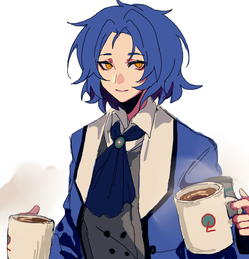 1boy armband ascot blue_ascot blue_hair blue_jacket brooch chesed_(project_moon) collared_shirt commentary_request cup er_hea grey_vest highres holding holding_cup jacket jewelry lobotomy_corporation long_sleeves male_focus mug open_clothes open_jacket project_moon shirt short_hair simple_background sketch smile solo upper_body vest white_background white_shirt yellow_eyes