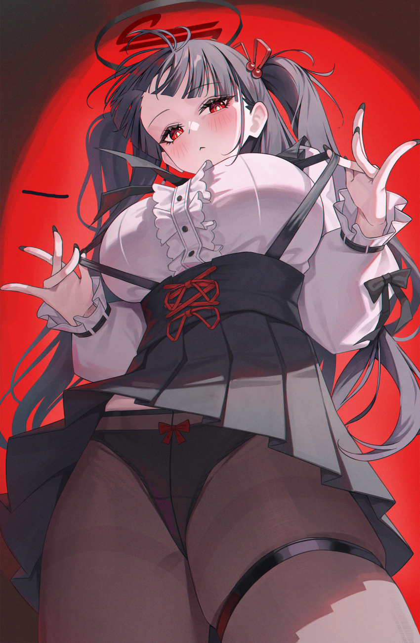 1girl absurdres alternate_costume alternate_hairstyle bakoko black_hair black_halo black_nails black_panties blue_archive breasts bright_pupils brown_pantyhose center_frills fingernails frills from_below hair_ornament hairclip halo highres large_breasts long_fingernails long_hair multicolored_halo nail_polish panties panties_under_pantyhose pantyhose pantyshot red_eyes ringed_eyes rio_(blue_archive) shirt shirt_tucked_in solo strap_pull thigh_strap two-tone_halo two_side_up underwear very_long_hair white_pupils white_shirt
