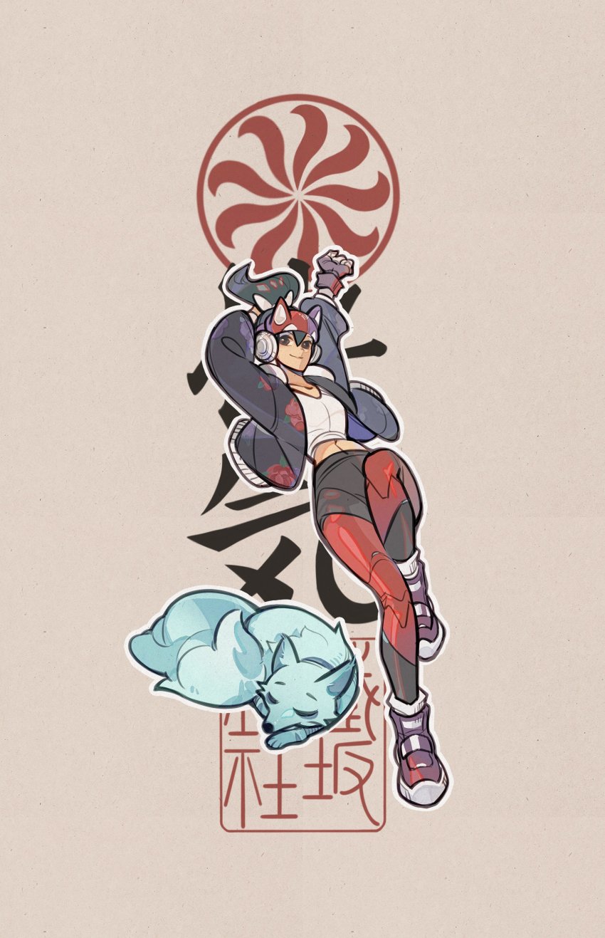 1girl absurdres alternate_costume animal arm_up athleisure_kiriko black_jacket black_leggings brown_background crop_top floral_print fox gloves headphones highres jacket kiriko_(overwatch) leggings meve13ovo midriff multicolored_leggings official_alternate_costume open_clothes open_jacket overwatch ponytail red_headwear red_leggings rose_print shirt shoes simple_background sneakers white_shirt