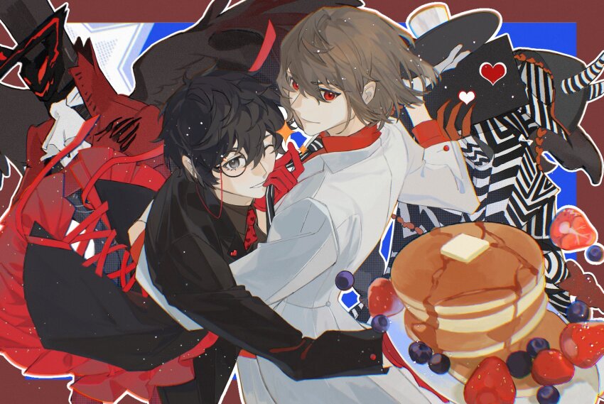 2boys akechi_gorou amamiya_ren arsene_(persona_5) black_gloves black_jacket blueberry brown_hair clothes_grab coat cowboy_shot food fruit gloves hand_on_another&#039;s_back highres holding holding_tray jacket loki_(persona_5) male_focus monocle monocle_chain multiple_boys necktie necktie_grab neckwear_grab one_eye_closed pancake pancake_stack persona persona_5 red_eyes red_gloves red_necktie red_shirt shirt short_hair smile strawberry tray white_coat white_gloves youshi1201