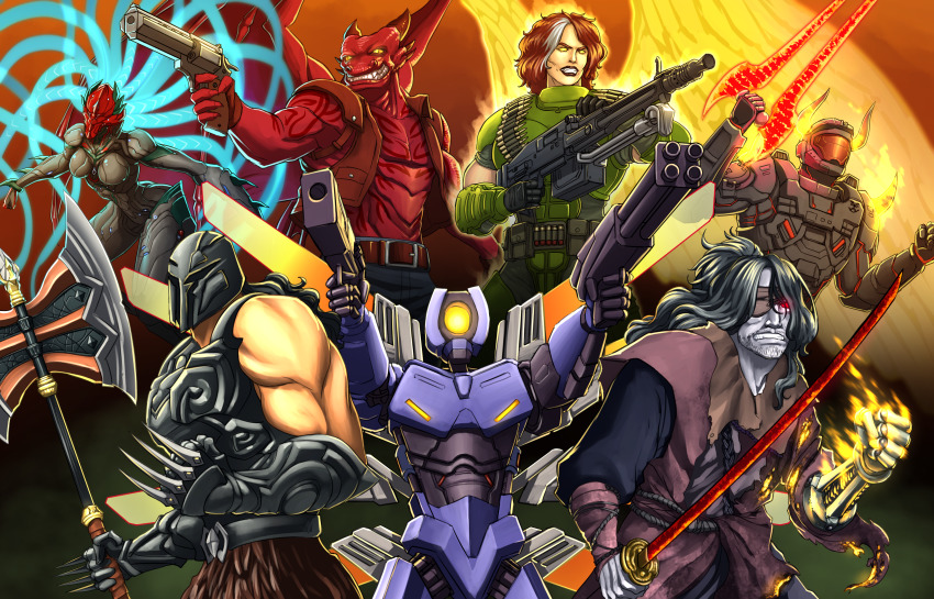 absurdres amid_evil armor axe barbarian battle_axe crossover crucible_(doom) cygnis_flaynithere day_of_wrath_(infinitypilot) doom_(series) dragon dragon_boy dragon_horns dragon_wings dragonborn dragonoid energy_hair energy_sword energy_wings glowing_armor gun guncaster half-dragon halo:_reach halo_(series) handgun helmet hennya_(warframe) highres holding holding_axe holding_gun holding_sword holding_weapon horns humanoid_robot jacket leather leather_jacket lt_typhon_(skelegant) muscular muscular_female muscular_male open_clothes open_jacket power_armor prosthesis prosthetic_arm robot sekiro sekiro:_shadows_die_twice shotgun shura_(sekiro) soldier spartan-b312 spartan_(halo) spiked_gauntlets spiked_knuckles substance20 sword the_champion_(amid_evil) translucent_hair ultrakill v1_(ultrakill) warframe warrior weapon wings