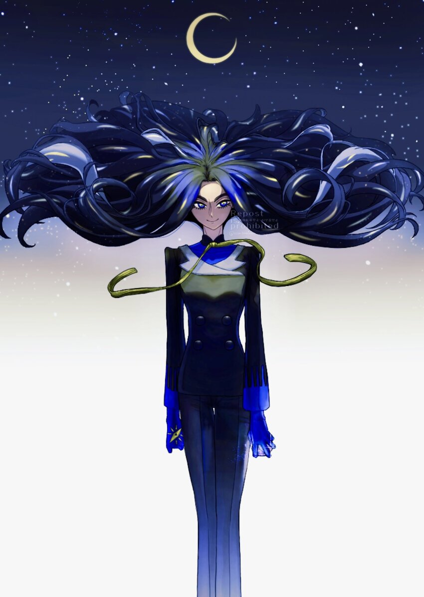 1girl black_hair black_jacket black_pants blue_eyes blue_gloves buttons closed_mouth commentary crescent_moon floating_hair geeta_(pokemon) gloves highres holding jacket long_hair moon neck_ribbon nintendo oysm_tmwrchan pants pokemon pokemon_sv ribbon sky smile solo star_(sky) symbol-only_commentary watermark yellow_ribbon