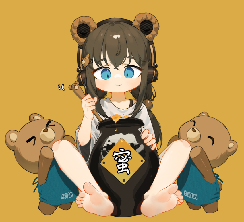 1girl animal_ear_headphones animal_ears barefoot bear_ear_headphones bear_ears bear_hair_ornament blue_eyes brown_hair closed_mouth commentary_request fake_animal_ears full_body hair_between_eyes hair_bobbles hair_ornament hairclip headphones holding holding_spoon honey jar knees_up light_blush long_hair looking_down low_twintails motion_lines mrw original oversized_clothes oversized_shirt shirt simple_background sitting soles solo spoon stuffed_animal stuffed_toy t-shirt teddy_bear toes twintails white_shirt wooden_spoon yellow_background
