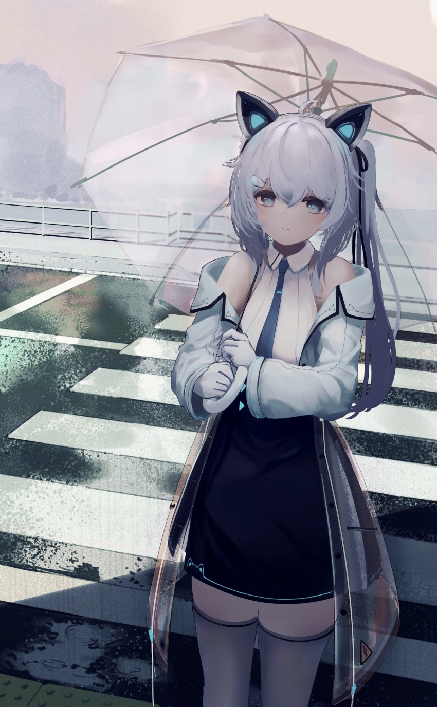 1girl absurdres animal_ear_headphones animal_ears bare_shoulders black_ribbon black_skirt blue_eyes blue_necktie cat_ear_headphones cat_ears city closed_mouth coat collared_shirt crosswalk end-existence fake_animal_ears feet_out_of_frame gloves grey_hair grey_thighhighs hair_between_eyes hair_ornament hair_ribbon hairclip headphones highres holding holding_umbrella jacket long_hair long_sleeves looking_at_viewer mechanical_ears necktie off_shoulder open_clothes open_coat open_jacket outdoors puddle railing rain ribbon road sapphy_(vrchat) see-through_clothes shirt side_ponytail sidelocks sidewalk skirt sleeveless sleeveless_shirt smile solo standing street thighhighs transparent transparent_umbrella umbrella vrchat white_coat white_gloves white_hair white_jacket white_shirt white_thighhighs white_umbrella zettai_ryouiki