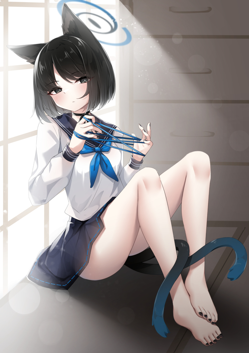 1girl animal_ears artistic_error barefoot black_choker black_eyes black_hair black_nails blue_archive blue_halo blue_neckerchief blue_sailor_collar blue_skirt blush breasts cat&#039;s_cradle cat_ears cat_girl cat_tail choker closed_mouth commentary full_body halo highres kikyou_(blue_archive) knees_up long_sleeves looking_at_viewer medium_breasts miniskirt multiple_tails nail_polish neckerchief nekomata puffy_long_sleeves puffy_sleeves sailor_collar school_uniform serafuku shirt short_hair sitting skirt solo tail toenail_polish toenails two_tails umou_(may65879) white_shirt wrong_foot