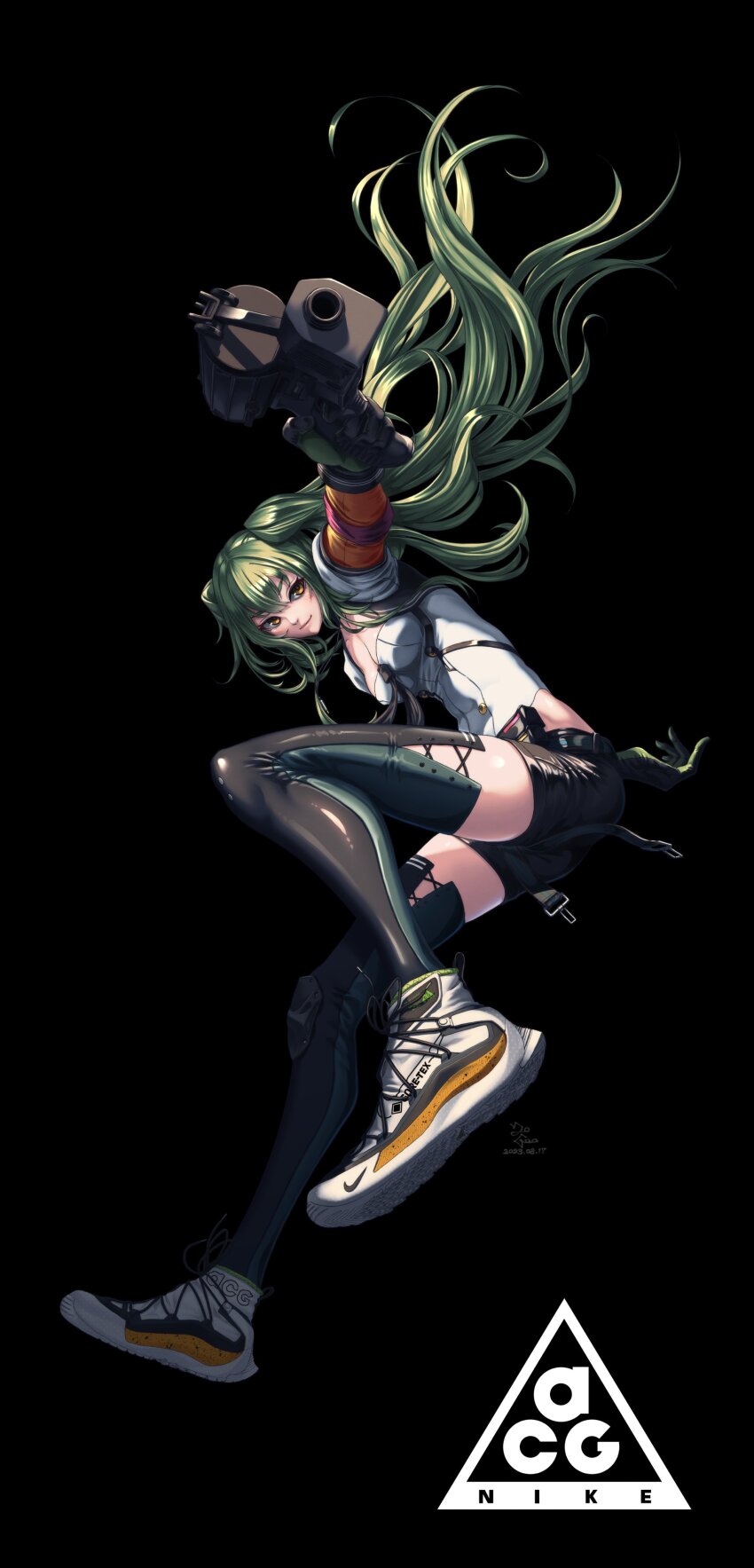 absurdres artist_logo black_gloves calico_m950 calico_m950a girls&#039;_frontline gloves green_hair gun handgun helical_magazine high-capacity_magazine highres holding holding_gun holding_weapon logo m950a_(girls&#039;_frontline) massabou2 nike_(company) pistol submachine_gun tagme weapon