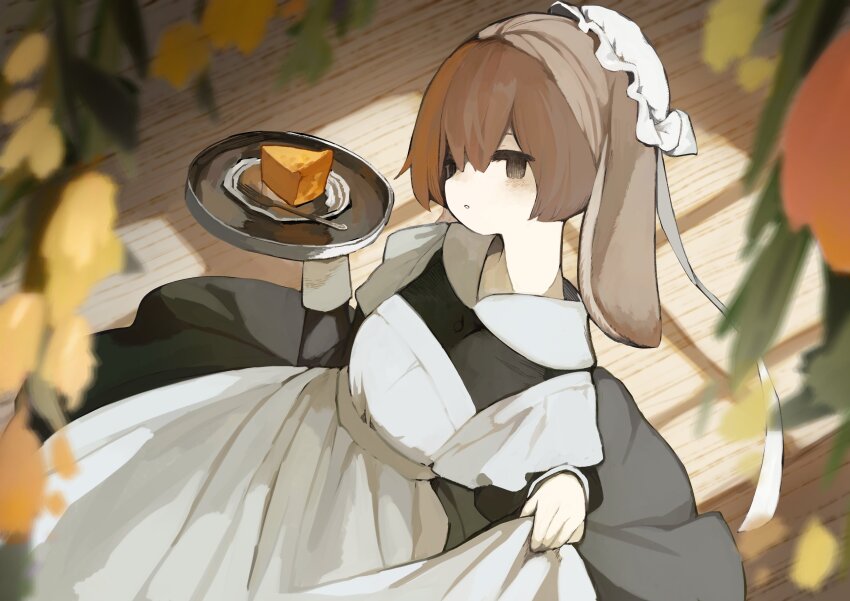 1girl absurdres animal_ears apron black_dress blurry brown_hair cake commentary depth_of_field dress flower food fork grey_eyes hair_between_eyes hand_up hanging_flower hat highres holding holding_plate looking_at_viewer mob_cap original parted_lips plate rabbit_ears rabbit_girl sakutake_(ue3sayu) skirt_hold solo sunlight symbol-only_commentary wooden_floor