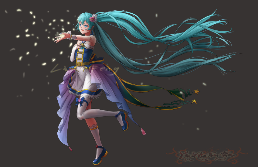 1016243000 1girl aqua_hair dress hatsune_miku hatsune_miku_(vocaloid4)_(chinese) highres long_hair shoes twintails very_long_hair vocaloid white_legwear