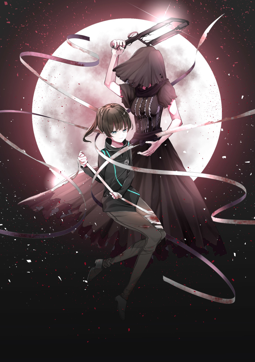 2girls absurdres arm_up bandaged_hand bandaged_leg bandages bare_arms black_dress black_footwear black_sweater blood blood_on_clothes breasts brown_hair brown_legwear commentary_request dead_by_daylight dress feng_min hacksaw highres holding holding_weapon hood long_dress medium_breasts miwisa moon moonlight multiple_girls night pants ponytail puffy_sleeves saw shoes short_sleeves sweater the_nurse_(dead_by_daylight) torn_clothes weapon