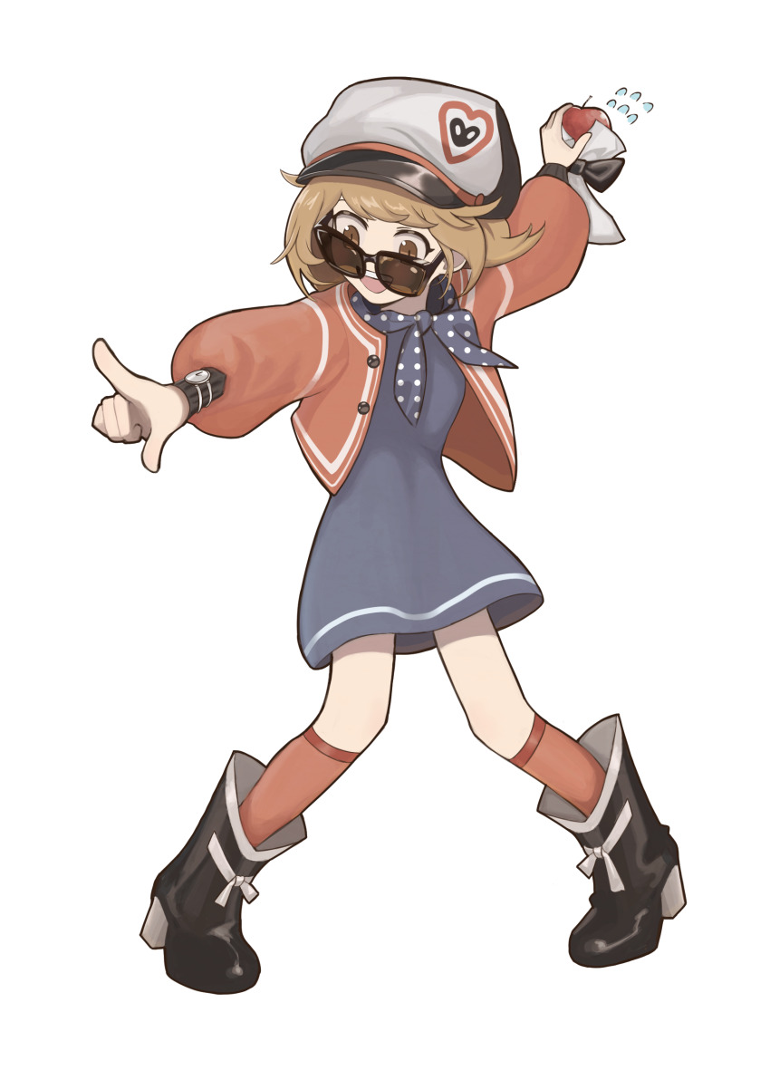 1girl :d absurdres apple apple_(reverse:1999) arm_up black_boots black_bow black_bowtie blue_dress blue_neckerchief boots bow bowtie brown_eyes brown_hair dress flying_sweatdrops food fruit full_body hat highres holding holding_food holding_fruit jacket legs_apart long_sleeves looking_down neckerchief newsboy_cap open_mouth outstretched_arms pigeon-toed pointing polka_dot_necktie puffy_long_sleeves puffy_sleeves red_jacket red_socks regulus_(reverse:1999) reverse:1999 short_dress short_hair smile socks solo spread_arms standing sunglasses teeth thiepriest traditional_bowtie turning_head upper_teeth_only watch white_background wristwatch