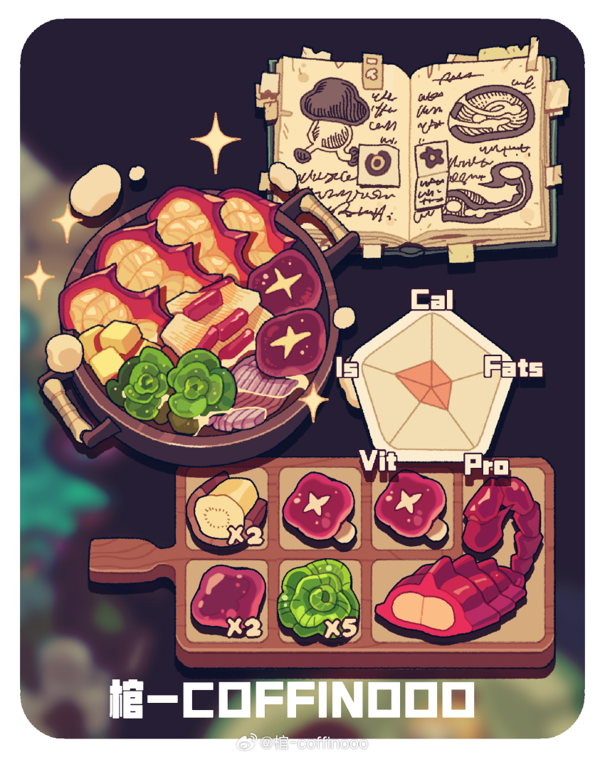 artist_name black_background blurry blurry_background book border chinese_commentary coffinooo commentary_request cookbook cutting_board dungeon_meshi food_focus highres lettuce mushroom no_humans open_book scorpion_tail sparkle steam stew tail watermark weibo_watermark white_border