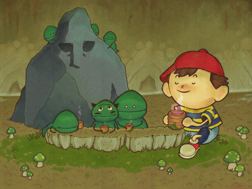 1boy baseball_cap captionpanic cave_interior closed_eyes facial_hair grass hat male_focus mother_(series) mother_2 mushroom mustache ness_(mother_2) nintendo shoes shorts sitting smile sneakers steam striped_clothes talking_rock tea tenda_(mother)