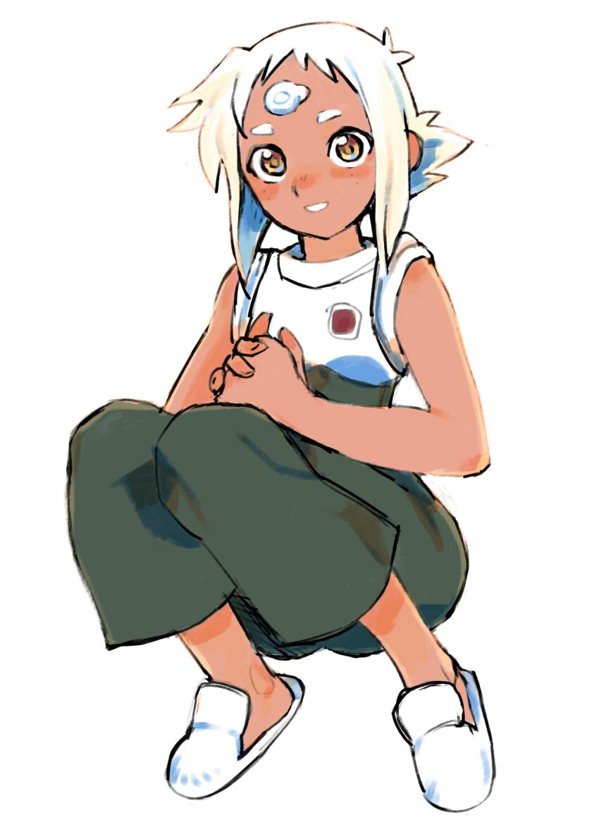 1girl dark-skinned_female dark_skin freckles full_body gan2 green_pants highres lal&#039;c_mellk_mal own_hands_together pants short_hair simple_background slippers smile solo top_wo_nerae!_(series) top_wo_nerae_2! white_background white_hair white_slippers yellow_eyes