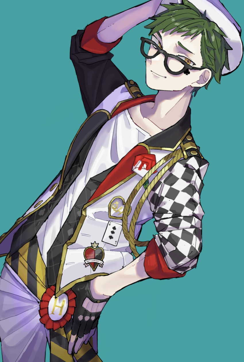 1boy adam&#039;s_apple aiguillette arm_up black-framed_eyewear black_gloves black_vest blue_background card closed_mouth club_(shape) club_facial_mark collarbone corsage facial_mark fingerless_gloves glasses gloves green_hair hand_on_own_hip hat heart highres jacket male_focus open_clothes open_jacket open_vest pants playing_card sash shirt short_hair simple_background smile solo striped_sash three-quarter_sleeves trey_clover twisted_wonderland unbuttoned vest waist_sash white_hat white_pants white_shirt yellow_eyes yoshioka_suke