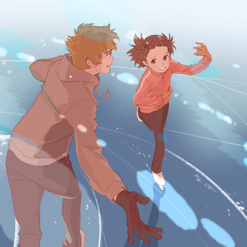 1boy 1girl 55bata6rou akeuraji_tsukasa black_gloves black_pants blonde_hair brown_eyes brown_hair child figure_skating gloves grey_jacket hand_up highres hood hood_down hooded_jacket ice ice_skates ice_skating jacket looking_at_another medalist_(manga) open_mouth pants pink_jacket short_hair skates skating skating_rink smile standing standing_on_one_leg track_jacket yuitsuka_inori