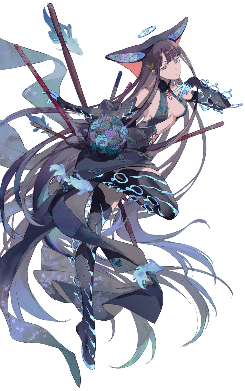 1girl absurdres black_dress black_gloves black_hair breasts dress elbow_gloves fate/grand_order fate_(series) floating_hair flute gloves grey_eyes highres instrument lips long_hair looking_at_viewer medium_breasts mimulishizi parted_lips pink_lips simple_background solo very_long_hair white_background yang_guifei_(fate) yang_guifei_(third_ascension)_(fate)