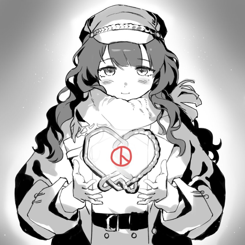 1girl belt coat dress grey_background guni_(9guniguni) hands_up hat highres hofmann_knot long_hair looking_at_viewer marcus_(reverse:1999) mole mole_under_eye newsboy_cap reverse:1999 scarf smile solo upper_body