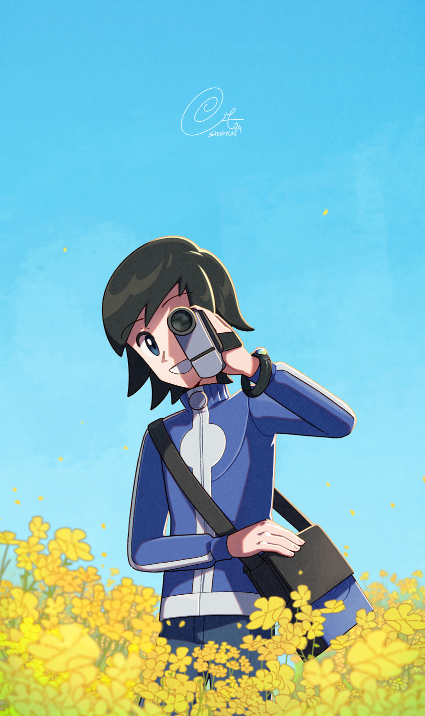 absurdres bag black_hair blue_eyes blue_jacket blue_sky calem_(pokemon) camera flower highres holding holding_camera jacket nintendo open_mouth pokemon pokemon_xy sky sleepcatz