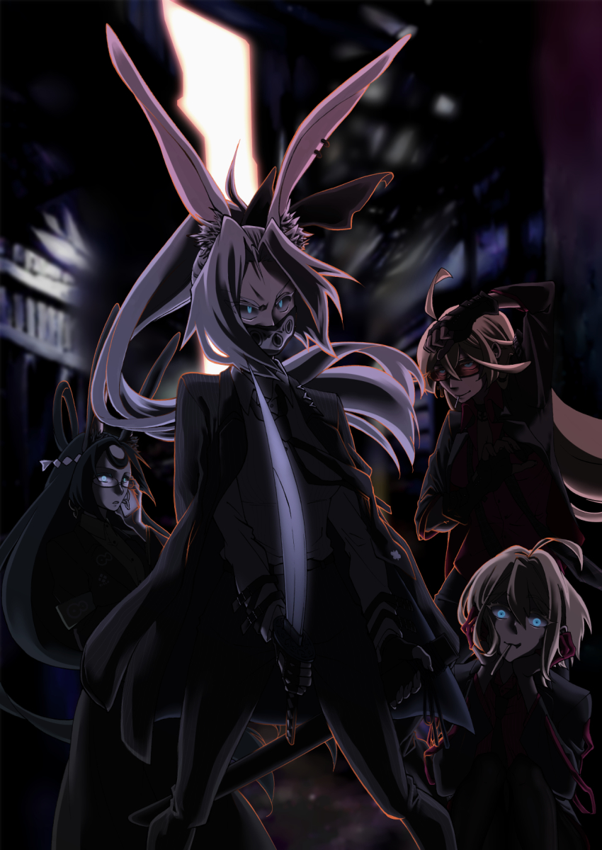 4girls ahoge alternate_costume animal_ears artist_request azur_lane black_gloves black_hair black_jacket black_pants blonde_hair blue_eyes california_(azur_lane) creator_connection fingerless_gloves glasses gloves glowing glowing_eyes hair_ribbon hands_on_own_cheeks hands_on_own_face highres hiryuu_(azur_lane) holding holding_sword holding_weapon jacket jacket_on_shoulders long_hair multiple_girls nib_pen_(medium) pants partially_unbuttoned pen_(medium) ponytail rabbit_ears red_shirt ribbon semi-rimless_eyewear sheath shirt souryuu_(azur_lane) sword tennessee_(azur_lane) tinted_eyewear traditional_media weapon white_hair wing_collar