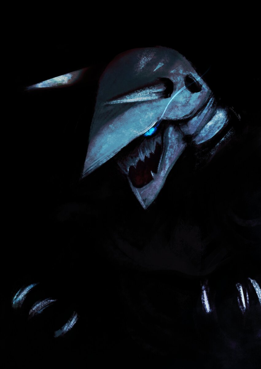 :d absurdres aggron black_background black_eyes blue_sclera claws colored_sclera crain1art gen_3_pokemon highres horns looking_at_viewer nintendo no_humans open_mouth pokemon pokemon_(creature) pokemon_focus smile solo