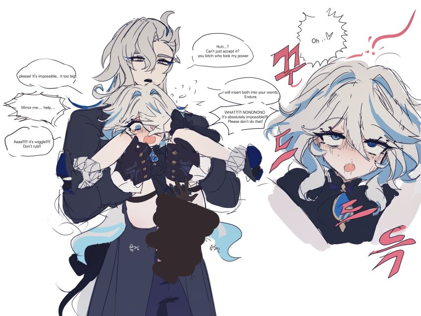 1boy 1girl ahoge ascot asymmetrical_gloves black_ascot black_gloves blue_ascot blue_brooch blue_eyes blue_gemstone blue_hair blue_hat blue_jacket blush censored commentary covering_one_eye covering_own_eyes cowlick drooling english_commentary english_text full_nelson furina_(genshin_impact) gem genshin_impact gloves hair_between_eyes hat hetero heterochromia highres hiji_(hijichan) implied_double_penetration jacket light_blue_hair long_hair long_sleeves mismatched_gloves mismatched_pupils multicolored_hair neuvillette_(genshin_impact) open_mouth rape rolling_eyes simple_background snot speech_bubble streaked_hair tearing_up top_hat white_gloves white_hair