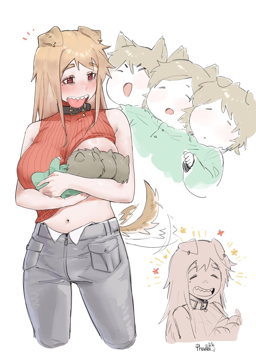 animal_ears baby blush breastfeeding breasts brown_hair cerberus conjoined dog_ears highres maikamiaka multiple_girls multiple_heads original pants ribbed_sweater sharp_teeth shirt short_hair skirt sweater tail tail_wagging teeth tongue tongue_out white_background