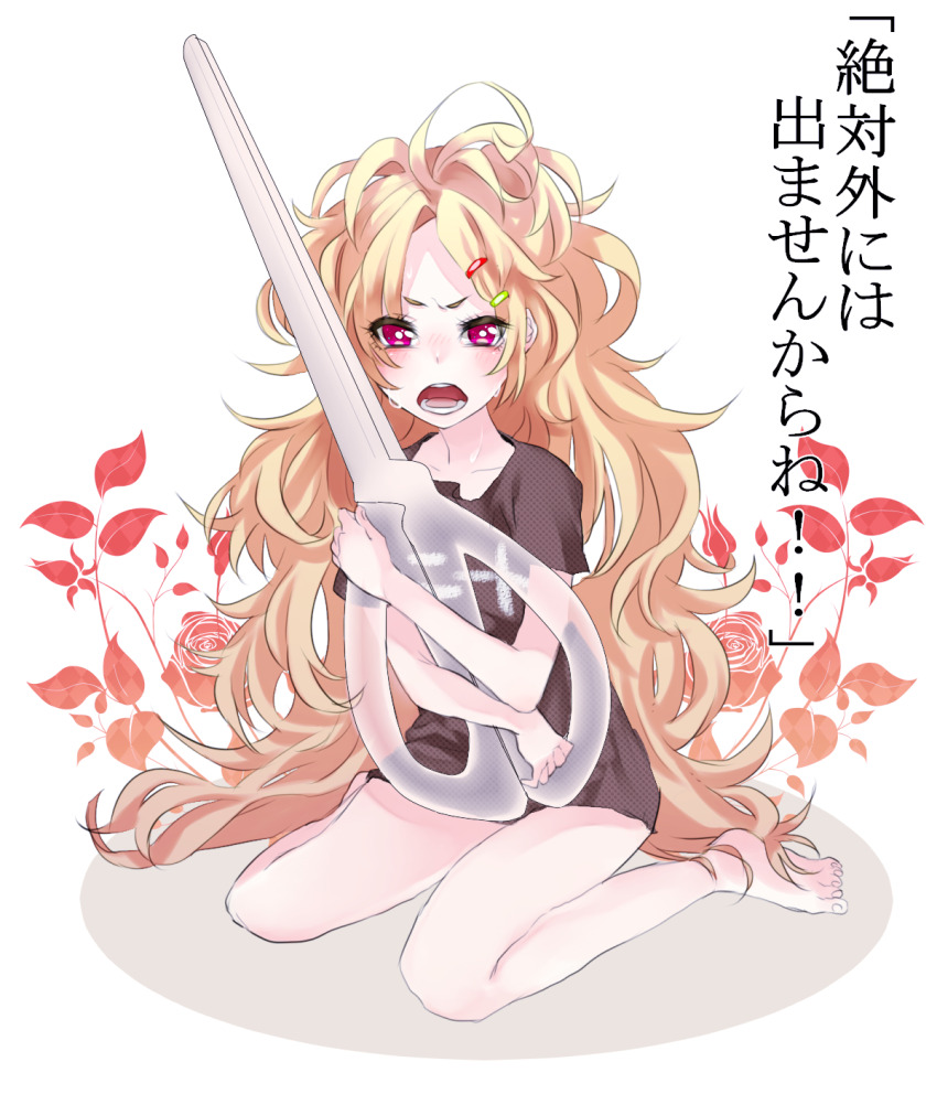 barefoot black_shirt blush crying crying_with_eyes_open eyelashes flower hair_ornament hairclip highres holding holding_scissors kneeling long_hair messy_hair open_mouth oversized_object pink_eyes princess_royale rapunzel_(fairy_tale) rapunzel_(fairy_tale_character) rose scissors shirt sukedji t-shirt tears very_long_hair white_background