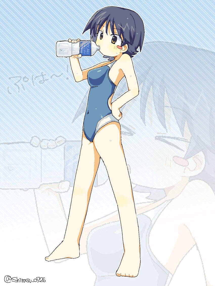 1girl bare_shoulders barefoot blush_stickers bottle breasts brown_eyes competition_swimsuit covered_navel drinking full_body hagiwara_chisato hair_between_eyes hantsu_x_trash highres medium_breasts nm_shirasu one-piece_swimsuit short_hair solo standing swimsuit twitter_username water_bottle zoom_layer