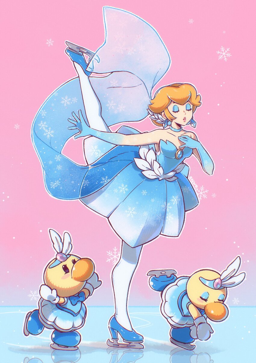 1girl 2others bare_shoulders blonde_hair blue_choker blue_dress blue_eyeshadow blue_footwear brooch choker closed_eyes dress earrings eyeshadow figure_skater_peach figure_skating figure_skating_dress hand_on_own_chest high_heels highres ice_skates ice_skating jewelry leg_up makeup mario_(series) multiple_others nintendo official_alternate_costume official_alternate_hairstyle pantyhose princess_peach princess_peach:_showtime! pumps saiwo_(saiwoproject) short_hair skates skating strapless strapless_dress theet_(peach) white_pantyhose