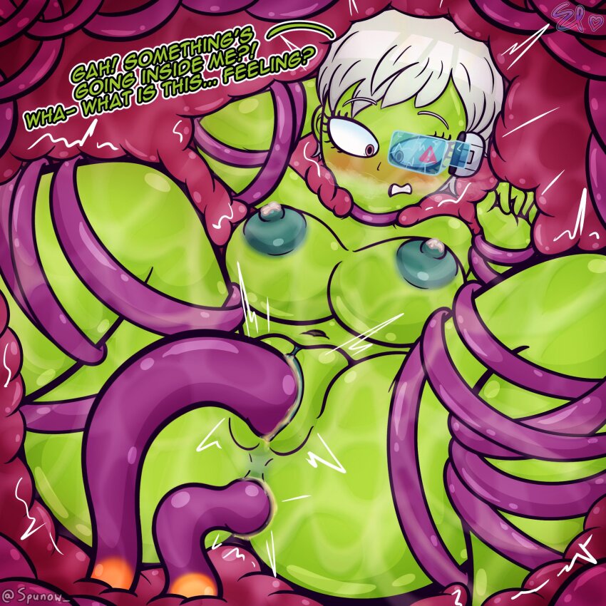1girl alien anal anus arm_behind_head artist_name blue-tinted_eyewear blush bound bound_arms bound_legs breasts cheelai clenched_hand colored_skin cum double_penetration dragon_ball dragon_ball_super dragon_ball_super_broly dripping egg english_text female_focus green_skin highres looking_down milk milk_drip nipples nude ovipositor precum pussy pussy_juice pussy_juice_trail restrained scouter sign slime_(substance) slimy spunow surprised sweat sweatdrop tentacle_in_ass tentacle_monster tentacle_pit tentacle_sex tentacles tinted_eyewear trapped vaginal warning_sign white_hair