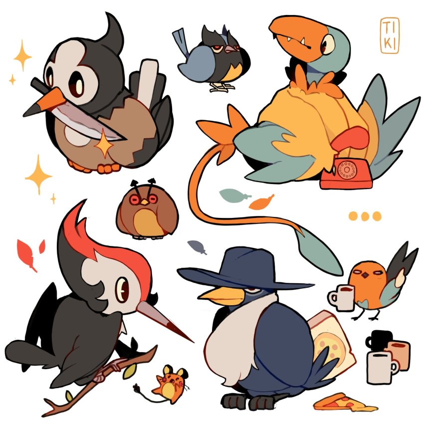 ... animal animal_focus antique_phone archen artist_name beak bird black_eyes box branch brown_eyes closed_mouth coffee_mug commentary cup dedenne english_commentary feathers fletchling food gen_2_pokemon gen_4_pokemon gen_5_pokemon gen_6_pokemon gen_7_pokemon gen_8_pokemon hat highres holding holding_box holding_cup honchkrow hoothoot knife knife_in_mouth mouth_hold mug nintendo no_humans phone pizza pizza_box pizza_slice pokemon rookidee rotary_phone simple_background sparkle standing starly tiki_(tikivt) trumbeak white_background