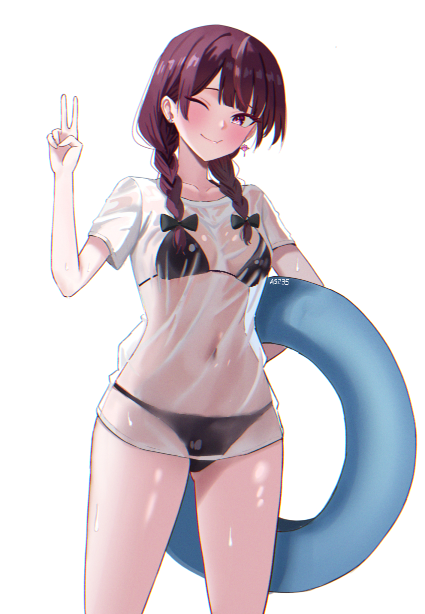 1girl ;) a5235 artist_name bikini black_bikini black_bow blush bow braid breasts chromatic_aberration covered_navel earrings fang hair_bow heart heart_earrings highres innertube jewelry jururu long_hair looking_at_viewer medium_breasts mismatched_earrings multicolored_hair one_eye_closed purple_eyes purple_hair see-through_clothes see-through_shirt shirt short_sleeves simple_background skin_fang smile solo streaked_hair swim_ring swimsuit t-shirt twin_braids v virtual_youtuber waktaverse wet wet_clothes wet_shirt white_background