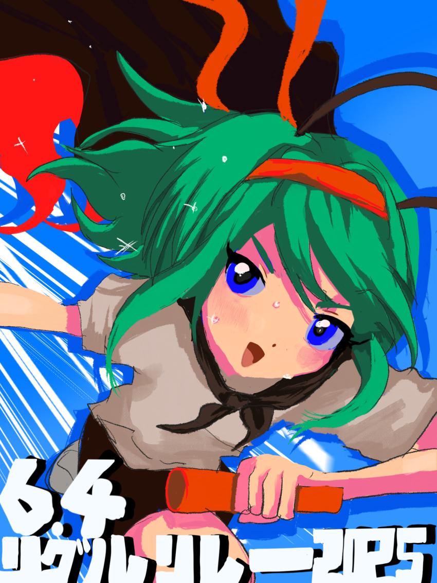 1girl antennae blue_background blue_eyes blush brown_shorts chabashira_ryouko commentary_request cowboy_shot dated green_hair headband highres holding looking_at_viewer open_mouth red_headband relay_baton running shirt short_hair shorts smile solo sweat touhou white_shirt wriggle_day wriggle_nightbug