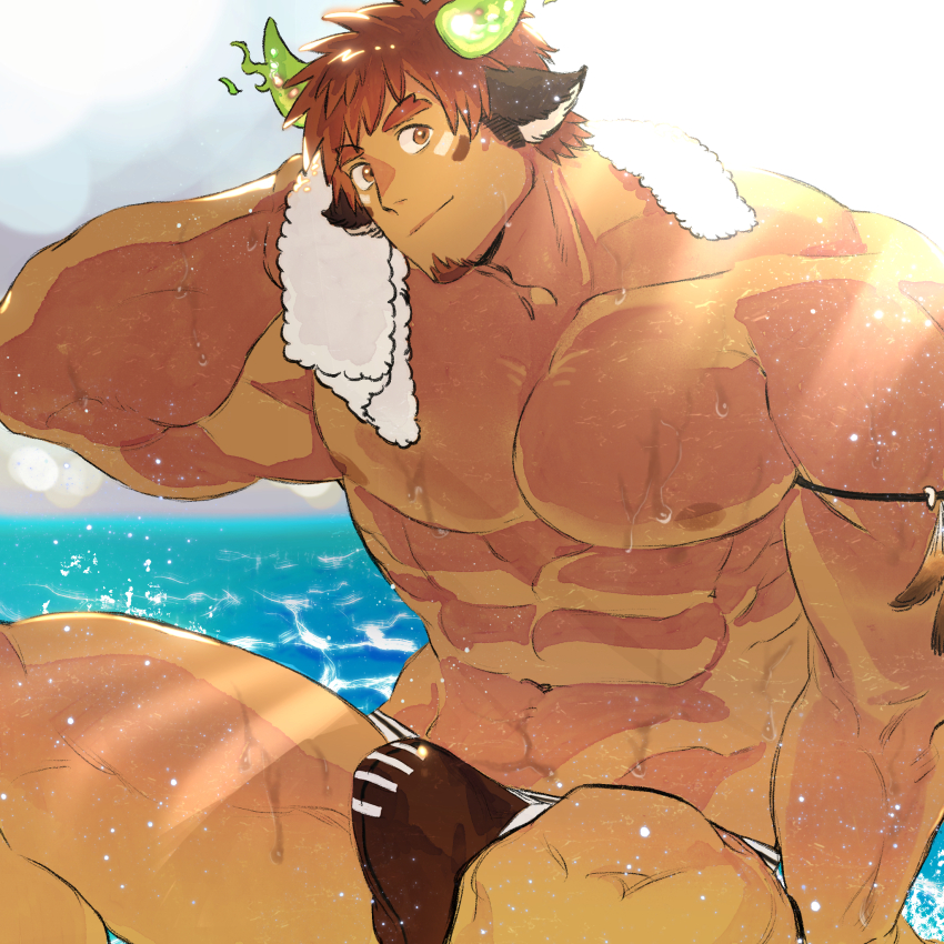 1boy abs animal_ears bara blackcatlandr brown_eyes brown_hair brown_male_swimwear bulge chinese_commentary commentary_request cow_boy cow_ears cow_horns dark-skinned_male dark_skin eye_black facial_hair fiery_horns forked_eyebrows glowing_horns goatee highres horns large_pectorals looking_at_viewer male_focus male_swimwear muscular muscular_male navel nipples pectorals rugby_underwear short_hair smile solo spiked_hair swim_briefs thick_eyebrows thick_thighs thighs tokyo_houkago_summoners topless_male towel towel_around_neck wakan_tanka wakan_tanka_(fashionista_swimsuit) water