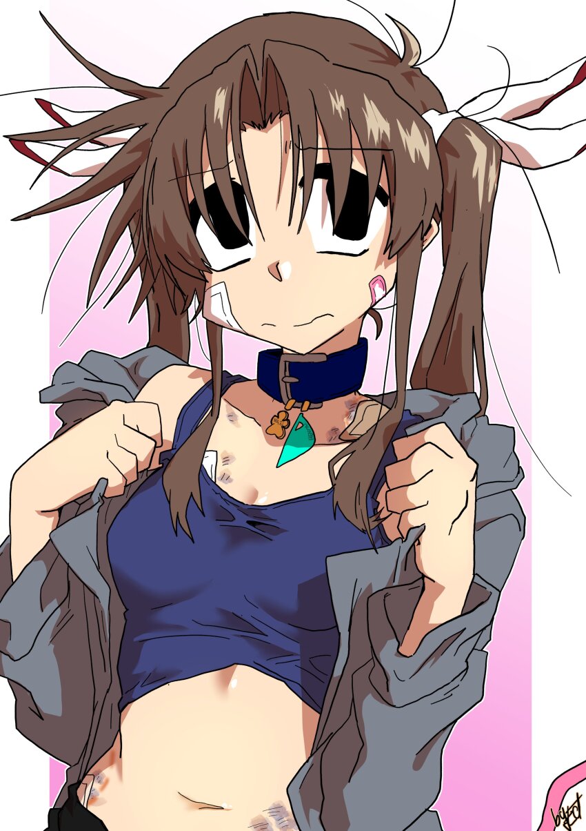 1girl absurdres alternate_hairstyle bandaid bandaid_on_cheek bandaid_on_face black_eyes blue_collar blue_shirt border breasts brown_hair bruise cleavage closed_mouth collar collarbone crop_top ed-chan_(edkuroki) edkuroki gauze gauze_on_cheek gauze_on_chest gauze_on_hip gauze_on_shoulder gradient_background grey_hoodie hair_intakes hair_ribbon hickey highres hood hood_down hoodie injury long_hair looking_to_the_side messy_hair midriff navel open_clothes open_hoodie original pink_background ribbon shirt sidelocks sleeveless sleeveless_shirt small_breasts solo twintails wavy_mouth white_background white_border white_ribbon