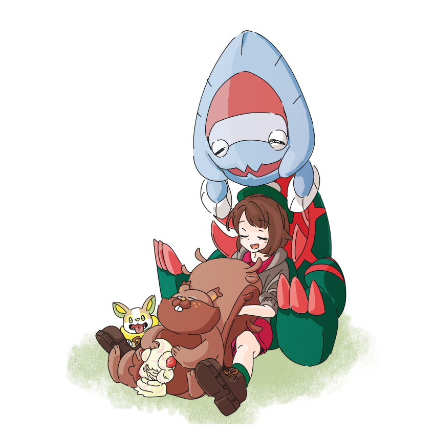1girl :d absurdres alcremie boots brown_boots brown_hair can_(pixiv33249519) cardigan closed_eyes commentary_request dracovish dress game_freak gen_8_pokemon gloria_(pokemon) greedent green_hat green_socks grey_cardigan happy hat highres hood hooded_cardigan nintendo open_mouth pink_dress pokemon pokemon_(creature) pokemon_swsh short_hair sitting smile socks tam_o&#039;_shanter yamper