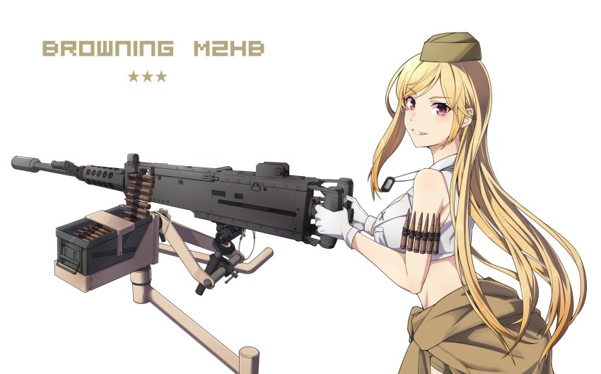 .50_bmg 1girl ammunition ammunition_belt ammunition_box anti-materiel_cartridge blonde_hair brown_jacket browning_m2 bullet character_name clothes_around_waist crew-served_weapon dog_tags garrison_cap girls&#039;_frontline gloves gun hat heavy_machine_gun highres hmg_cartridge jacket jacket_around_waist kukurus long_hair looking_at_viewer m2hb_(girls&#039;_frontline) m9_link machine_gun magnum_cartridge match_grade_ammunition military_cartridge red_eyes rifle_cartridge shirt simple_background sleeveless sleeveless_shirt solo supersonic_ammunition suppressor weapon white_background white_gloves white_shirt
