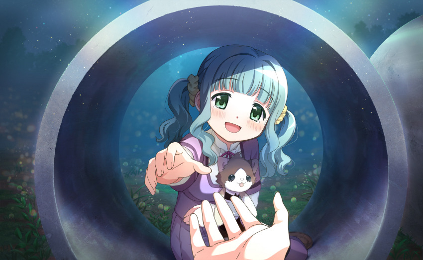 1girl artist_request blunt_bangs brown_shoes collared_shirt dandelion dot_nose dress flower full_body futaba_sana game_cg grass green_eyes green_hair hair_ornament hair_scrunchie happy_tears high_collar highres holding holding_stuffed_toy kneeling layered_sleeves light_blush light_particles long_hair long_sleeves looking_at_viewer magia_record:_mahou_shoujo_madoka_magica_gaiden mahou_shoujo_madoka_magica mahou_shoujo_madoka_magica_magia_exedra medium_dress mizuna_girls&#039;_academy_school_uniform neck_ribbon night night_sky offering_hand official_art open_mouth outdoors palms pleated_dress pov purple_dress reaching red_ribbon ribbon school_uniform scrunchie shirt shirt_under_dress shoes short_over_long_sleeves short_sleeves sky smile solo_focus stuffed_animal stuffed_cat stuffed_toy tareme tearing_up tears tree tunnel twintails uwabaki wavy_hair white_shirt yellow_scrunchie